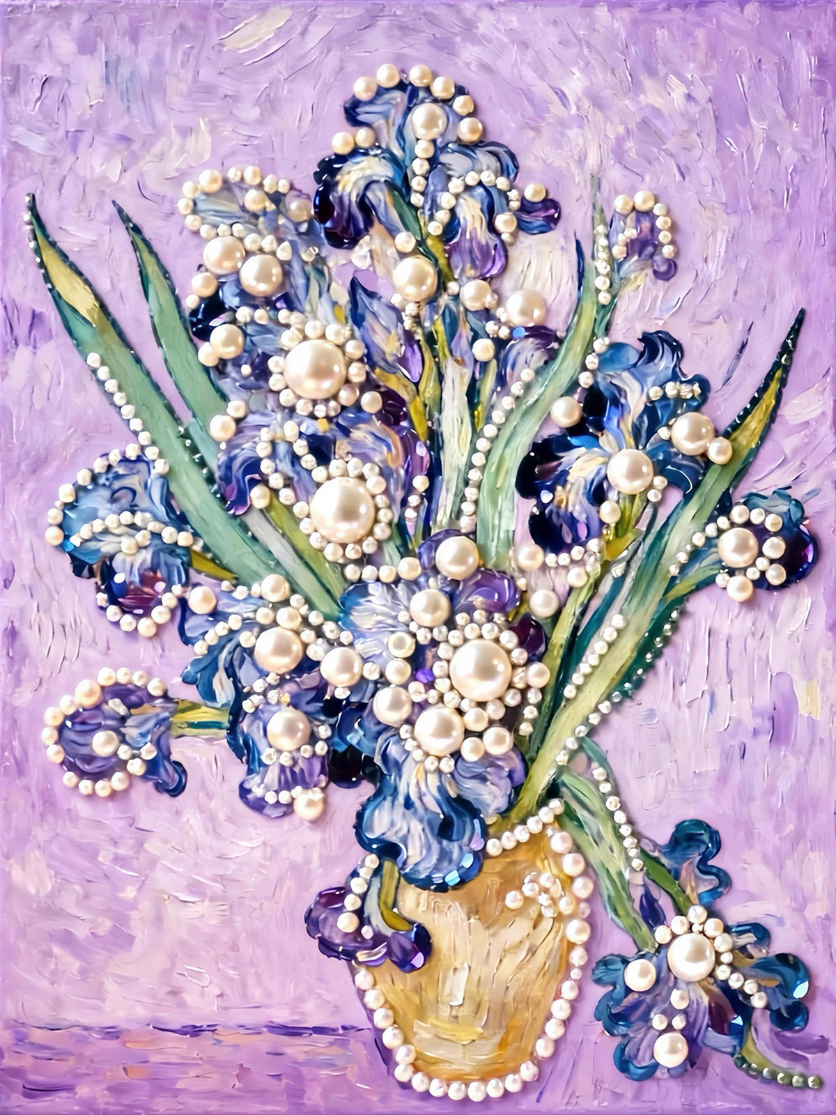 The image is a vibrant painting featuring a vase filled with blue and purple flowers, each adorned with numerous white pearls. The flowers are arranged in a way that creates a visually striking and intricate composition, with the pearls adding a touch of elegance and sophistication to the overall design.
