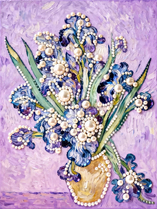 The image is a vibrant painting featuring a vase filled with blue and purple flowers, each adorned with numerous white pearls. The flowers are arranged in a way that creates a visually striking and intricate composition, with the pearls adding a touch of elegance and sophistication to the overall design.