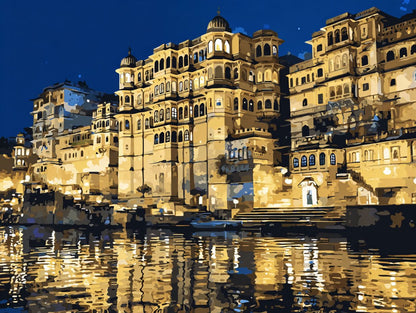 a serene night scene of a city with a large, ornate building situated on the water's edge. The building is illuminated, creating a warm and inviting atmosphere. The reflection of the building on the water surface adds to the overall beauty of the scene. The image is a collage of multiple images, showcasing the city's architectural and natural elements.