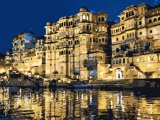 a serene night scene of a city with a large, ornate building situated on the water's edge. The building is illuminated, creating a warm and inviting atmosphere. The reflection of the building on the water surface adds to the overall beauty of the scene. The image is a collage of multiple images, showcasing the city's architectural and natural elements.