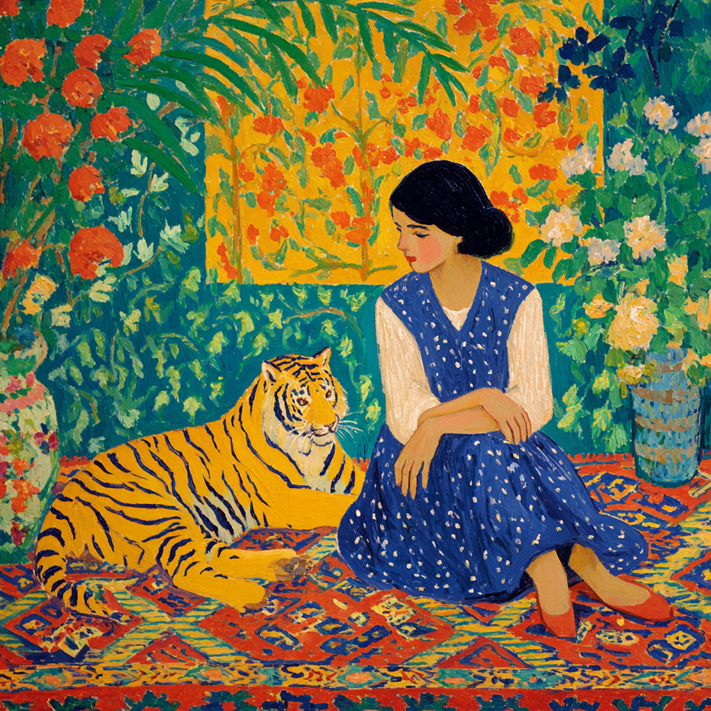 The image is a vibrant painting depicting a woman in a blue dress sitting on a colorful rug, with a tiger resting beside her. The painting is filled with bright colors, including red, orange, and yellow, creating a lively and energetic atmosphere.
