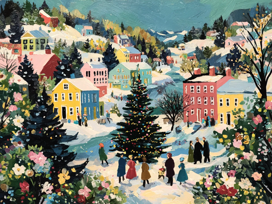 A vibrant, colorful painting depicting a lively winter village scene with people walking around a large Christmas tree, surrounded by colorful houses and trees.