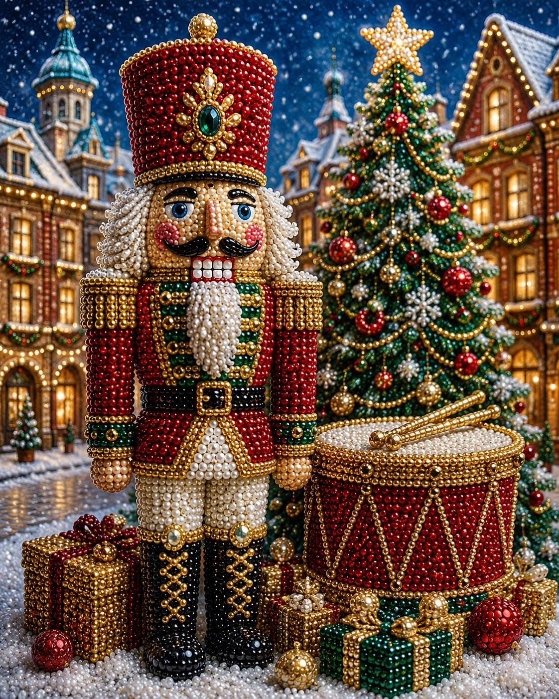 A nutcracker figure stands in front of a decorated Christmas tree, with a drum and gifts nearby, against a snowy cityscape backdrop.