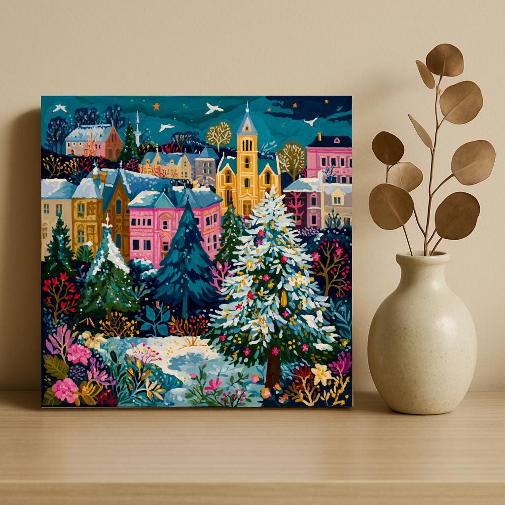 a vibrant, colorful painting of a winter village scene, with a large Christmas tree in the foreground and a vase of dried flowers to the side.