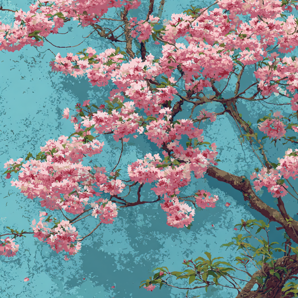 a tree with pink flowers blooming against a blue background.