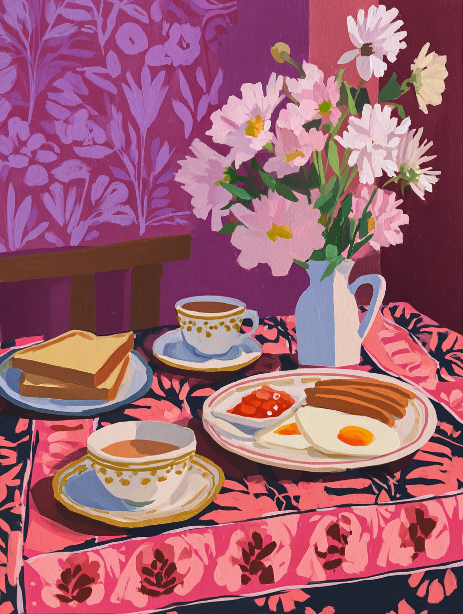 a breakfast scene with a table set with plates of food, a vase of flowers, and a cup of tea.