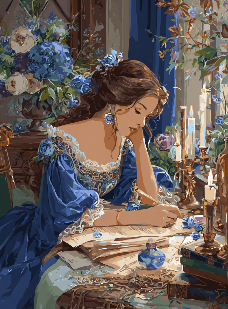 A woman in a blue dress is sitting at a table, writing in a book with flowers and candles around her.