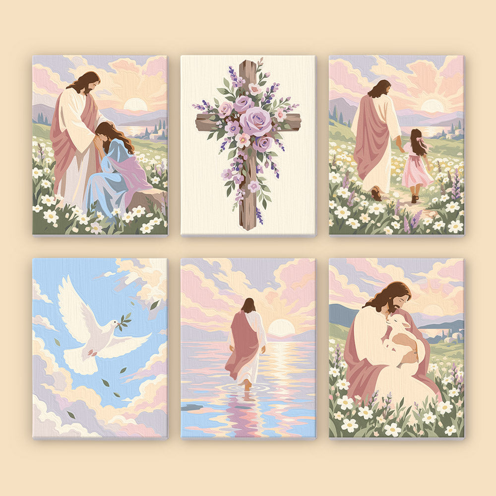 The image is a collage of six pictures depicting various scenes related to the Christian faith, including images of Jesus Christ, flowers, and religious imagery.