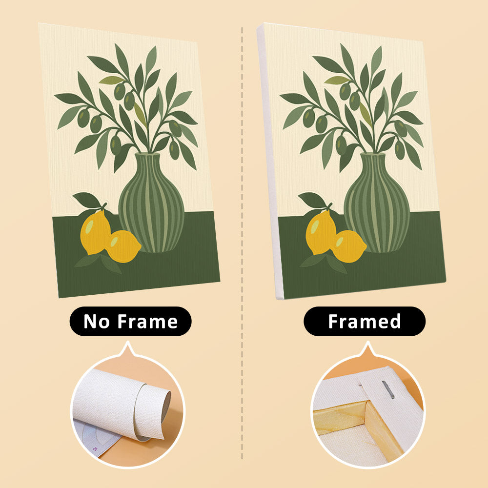 The image is a comparison between a framed and a framed version of the same artwork, depicting a vase with a plant and lemons.