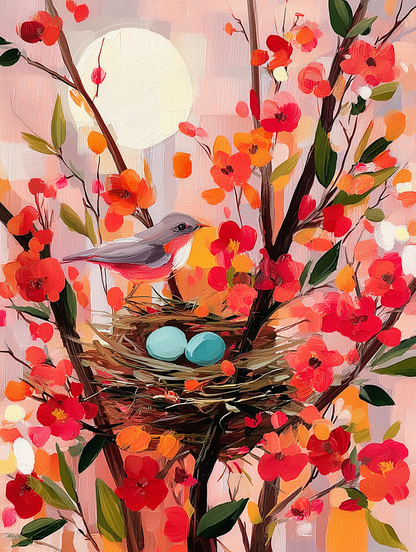 A vibrant painting depicting a bird perched on a nest, surrounded by a lush array of colorful flowers and foliage.