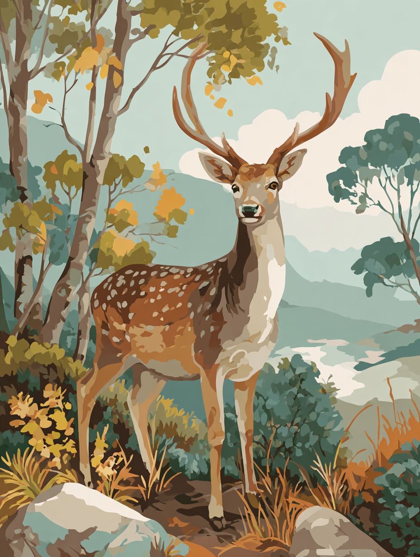 A deer with large antlers stands in a lush, colorful forest, surrounded by trees, bushes, and a river in the background.