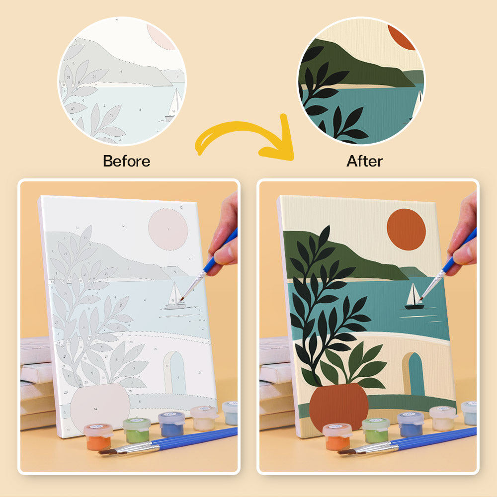The image is a comparison of two paintings depicting a landscape scene. The "Before" painting has a simple, minimalist design with a tree and a boat, while the "After" painting has been transformed with additional elements, such as a sun, a house, and a boat, creating a more detailed and vibrant representation of the landscape.