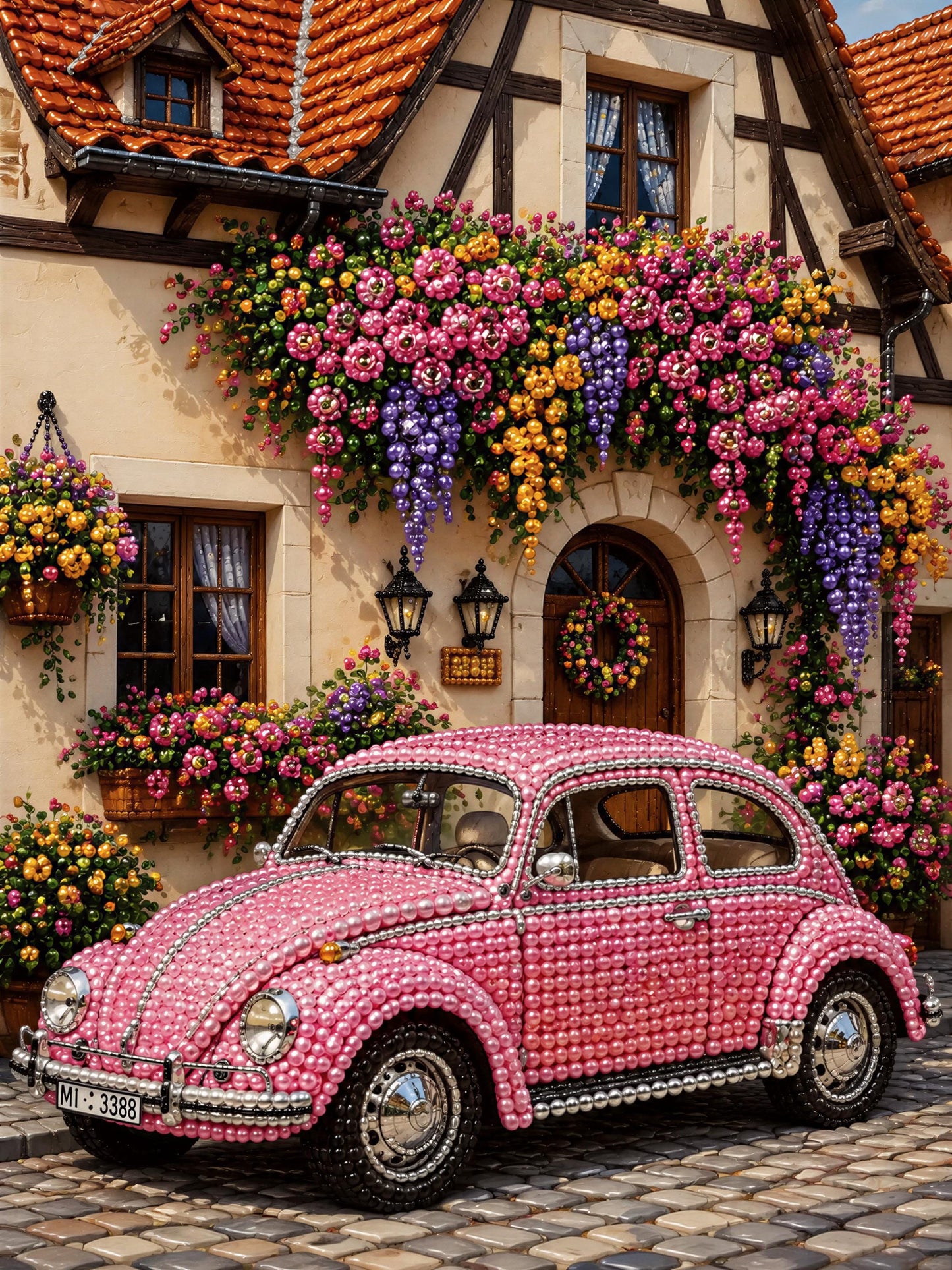A pink Volkswagen Beetle car is parked in front of a charming half-timbered house, which is adorned with a vibrant display of colorful flowers.