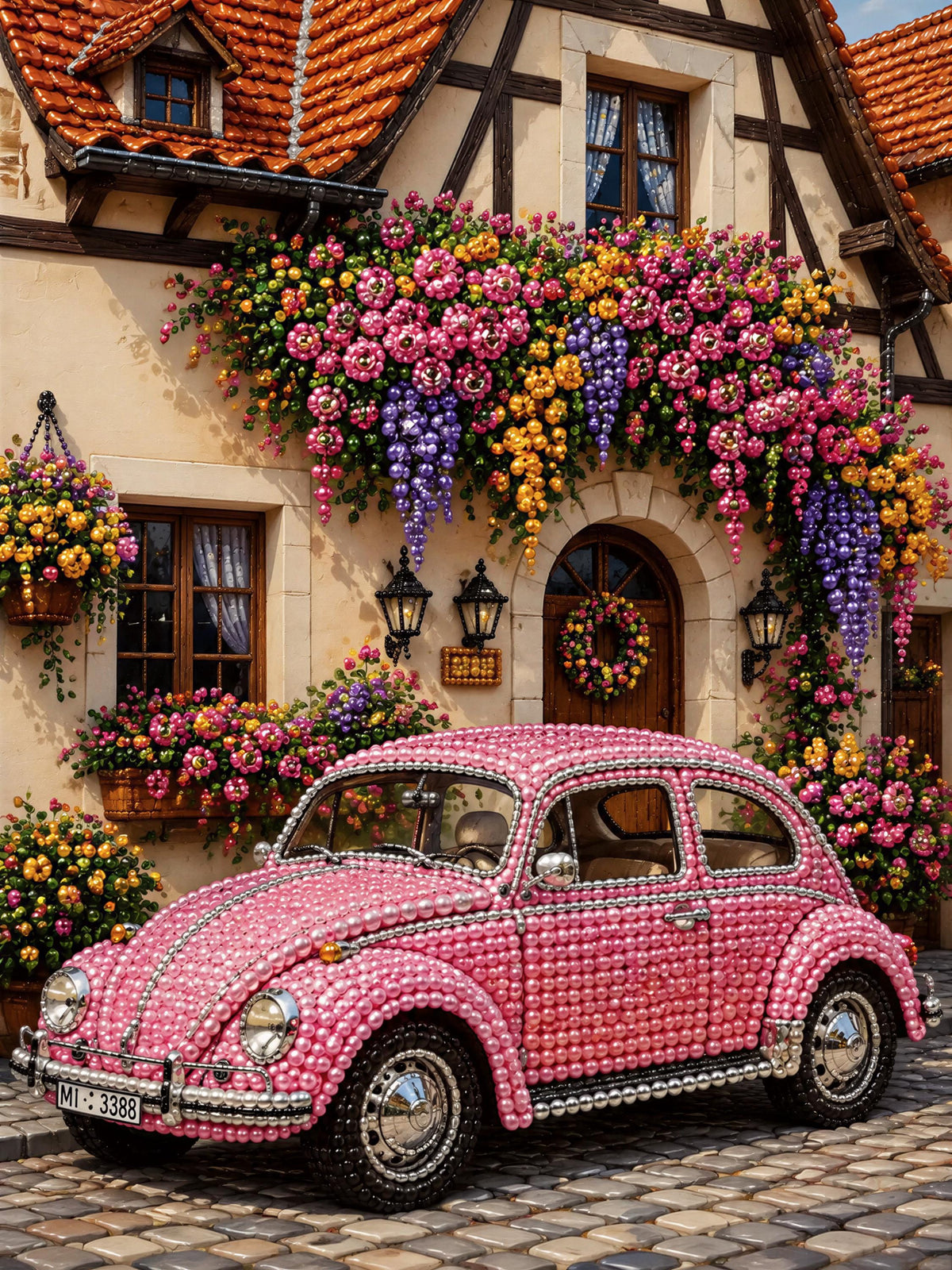 A pink Volkswagen Beetle car is parked in front of a charming half-timbered house, which is adorned with a vibrant display of colorful flowers.