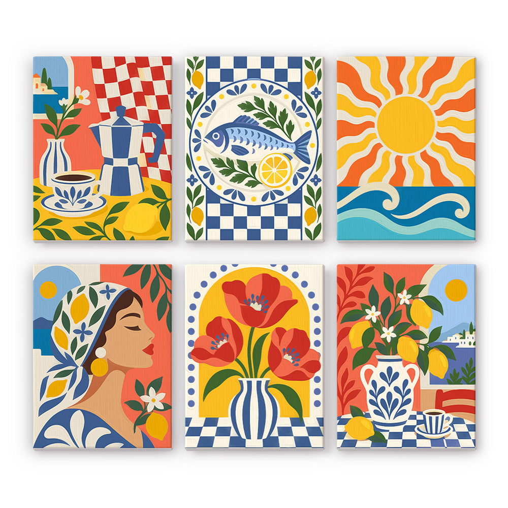 six colorful and stylized paintings or illustrations, each featuring different elements such as flowers, vases, and sun-like patterns.