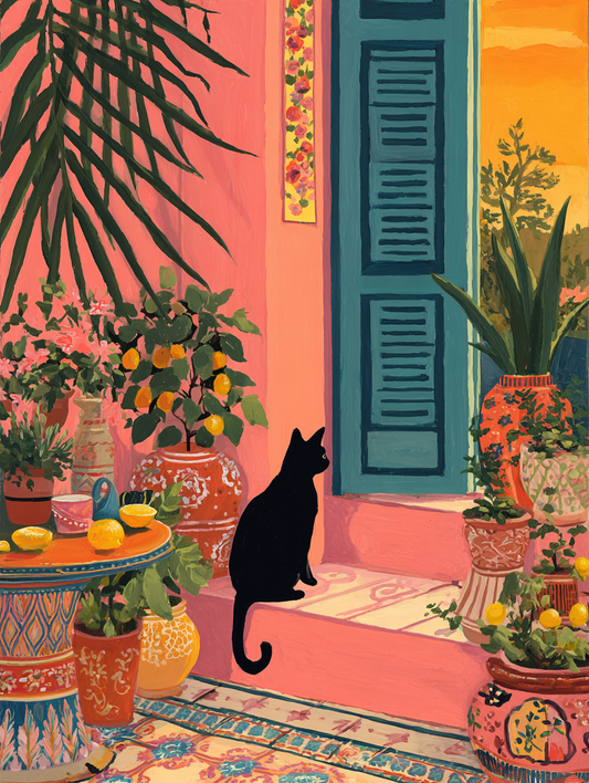 A black cat sits on a pink step, surrounded by a variety of potted plants and flowers, with a colorful and vibrant background.