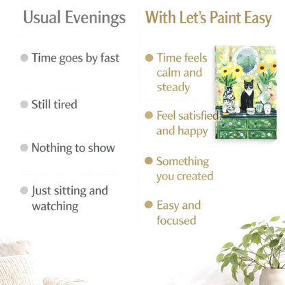 The image is a living room with a couch, a potted plant, and a painting of a cat on a dresser. The painting is titled "With Let's Paint Easy" and is described as a "Painting of a cat on a dresser".