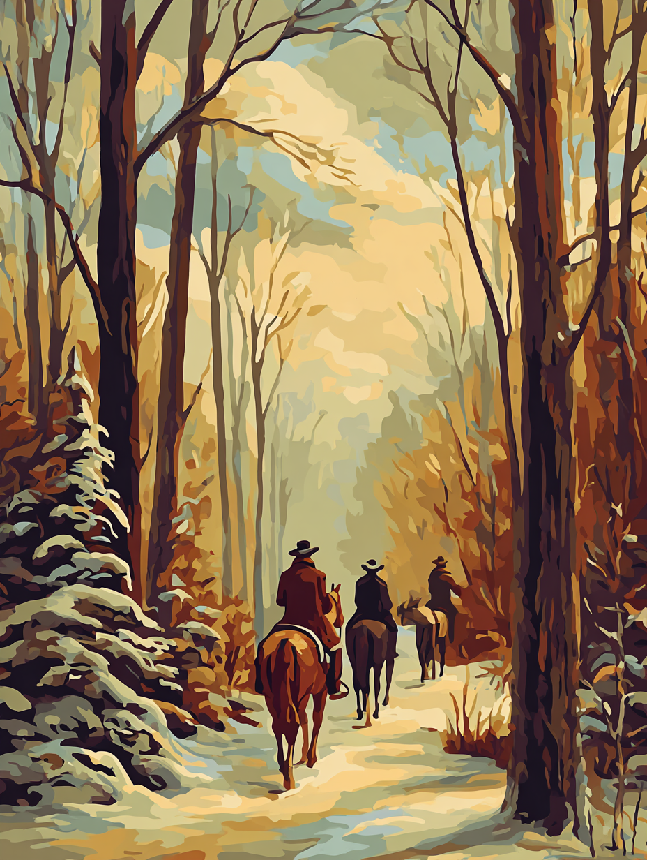 a group of people riding horses through a snowy forest, with tall trees and a cloudy sky in the background.