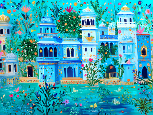 The image is a vibrant and colorful painting depicting a fantastical underwater cityscape with blue and white buildings, flowers, and plants, all set against a backdrop of a turquoise body of water.