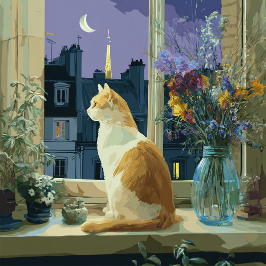 An orange and white cat sits on a windowsill, gazing out at a cityscape at night. The cat is surrounded by a vase of colorful flowers and a potted plant.