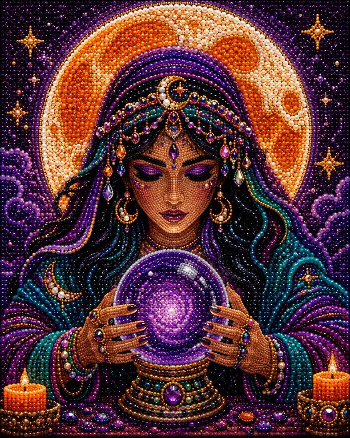 The image is a detailed and intricate embroidered or needlepoint design featuring a woman with long, dark hair holding a crystal ball. The background is filled with stars and a crescent moon, creating a mystical and enchanting atmosphere.