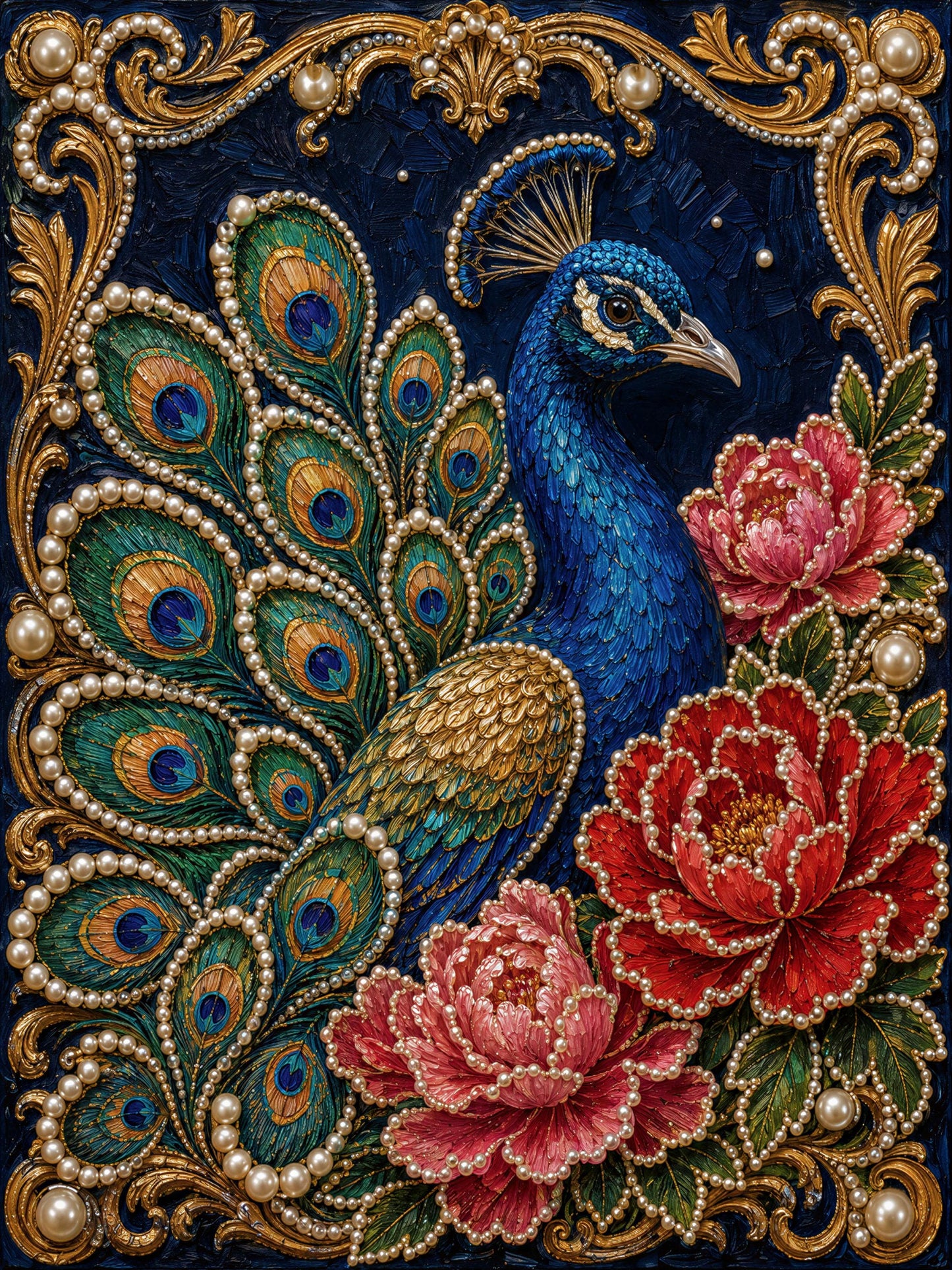 The image is a highly detailed and ornate painting of a peacock, featuring a blue and gold color scheme with intricate patterns and designs. The peacock is surrounded by vibrant red and pink flowers, and the background is a dark blue color with gold accents.