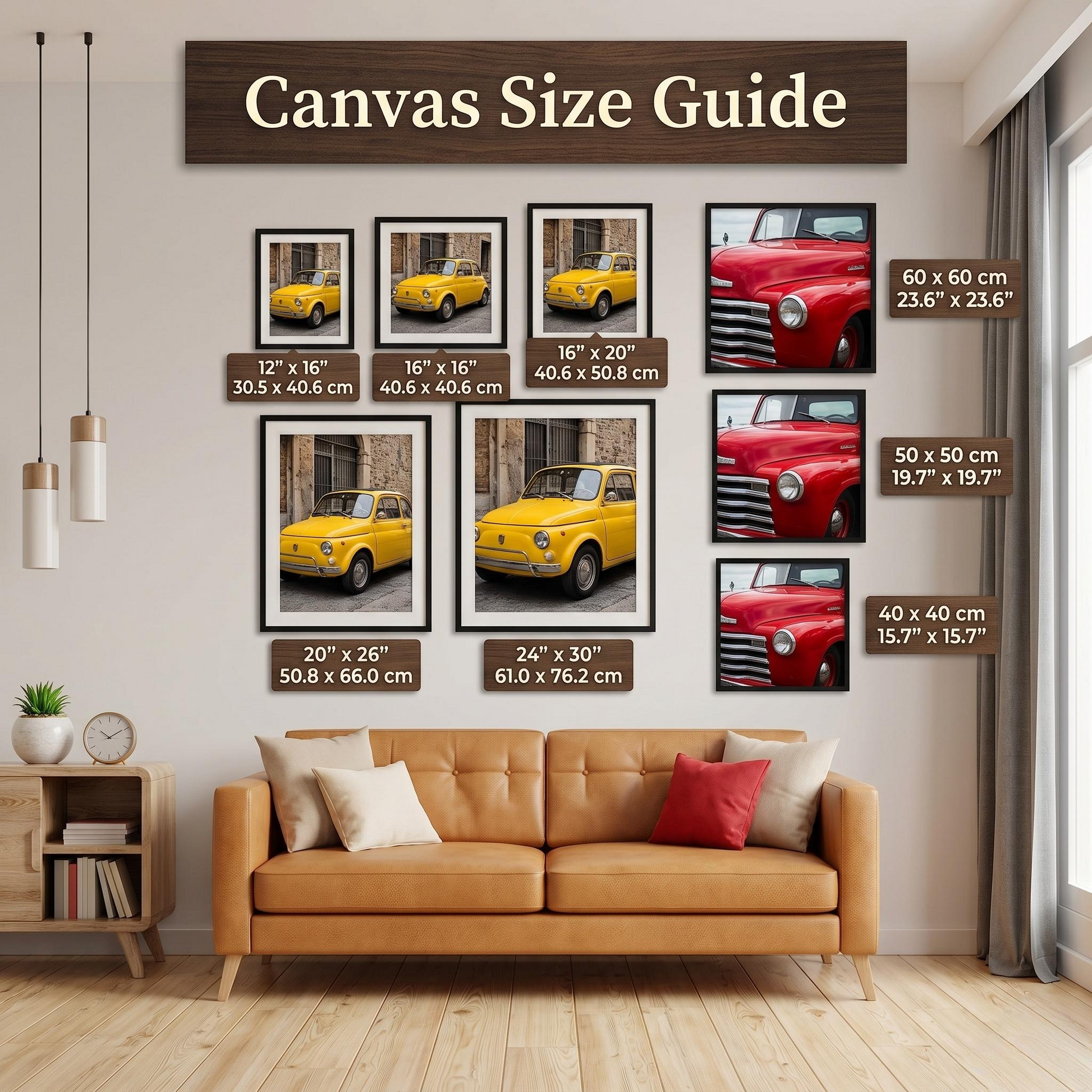 The image is a living room with a brown leather couch and a wooden side table. Above the couch, there is a wooden sign displaying a canvas size guide for artwork, including images of various cars and a clock.