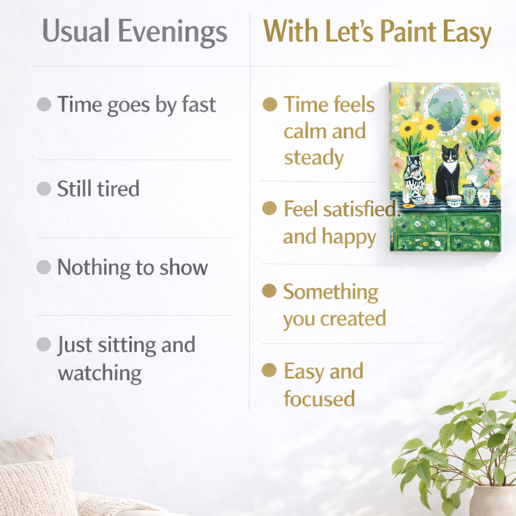 The image is a living room with a couch, a potted plant, and a painting of a cat on a dresser. The painting is titled "With Let's Paint Easy" and is described as a "Painting of a cat on a dresser".