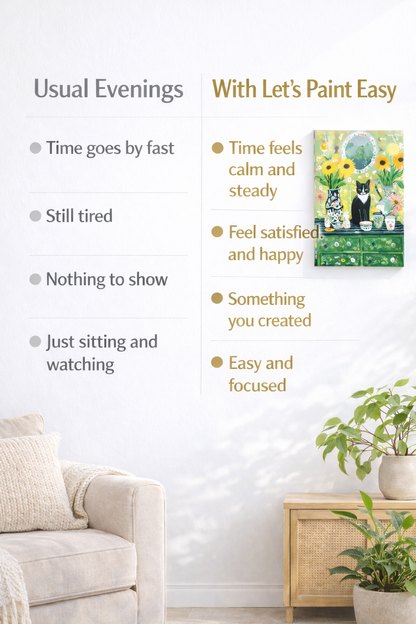 The image is a living room with a couch, a potted plant, and a painting of a cat on a dresser. The painting is titled "With Let's Paint Easy" and is described as a "Painting of a cat on a dresser".