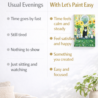 The image is a living room with a couch, a potted plant, and a painting of a cat on a dresser. The painting is titled "With Let's Paint Easy" and is described as a "Painting of a cat on a dresser".