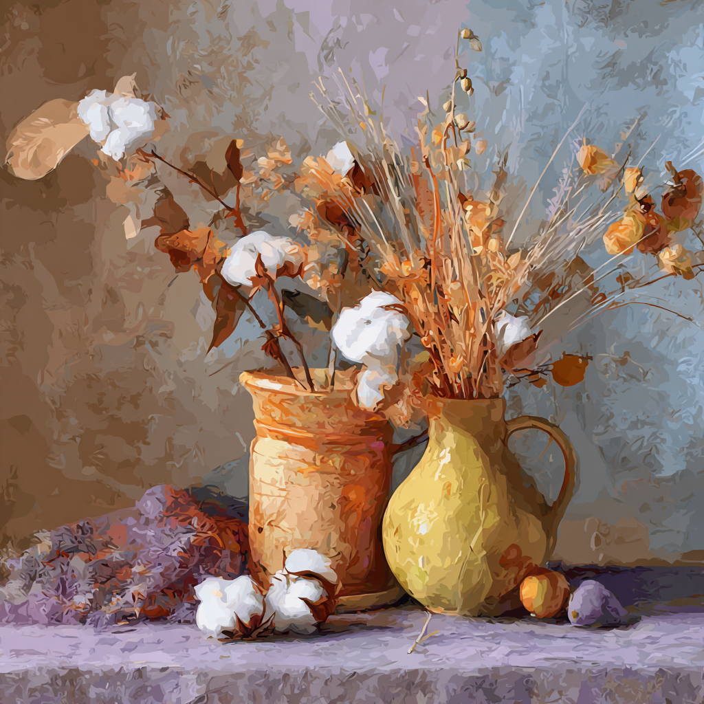 a still life arrangement featuring a vase of flowers, a pile of cotton, and a few fruits on a table.