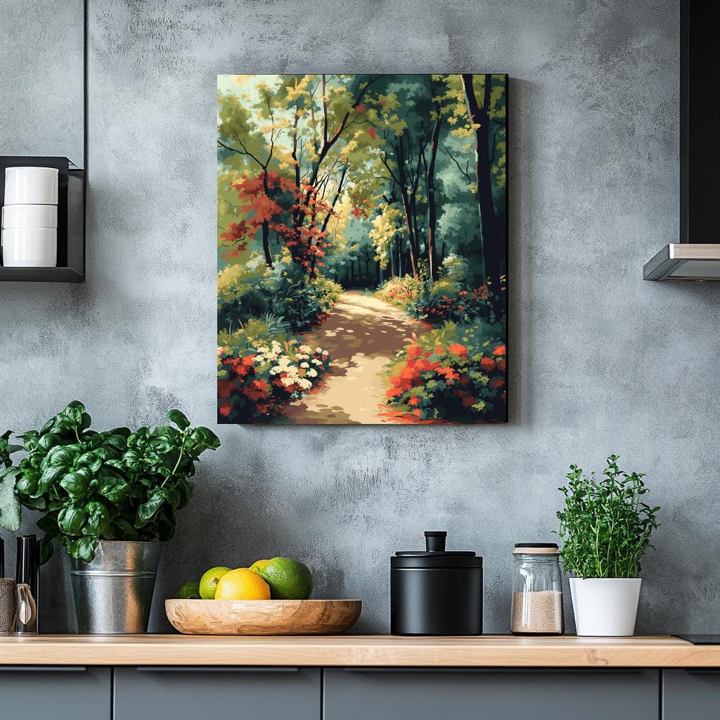 a painting of a path through a forest
