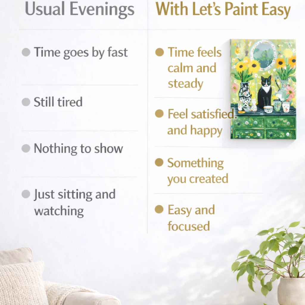 The image is a living room with a couch, a potted plant, and a painting of a cat on a dresser. The painting is titled "With Let's Paint Easy" and is described as a "Painting of a cat on a dresser".