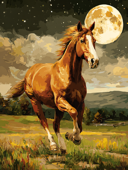 A brown horse galloping through a grassy field under a large, full moon.