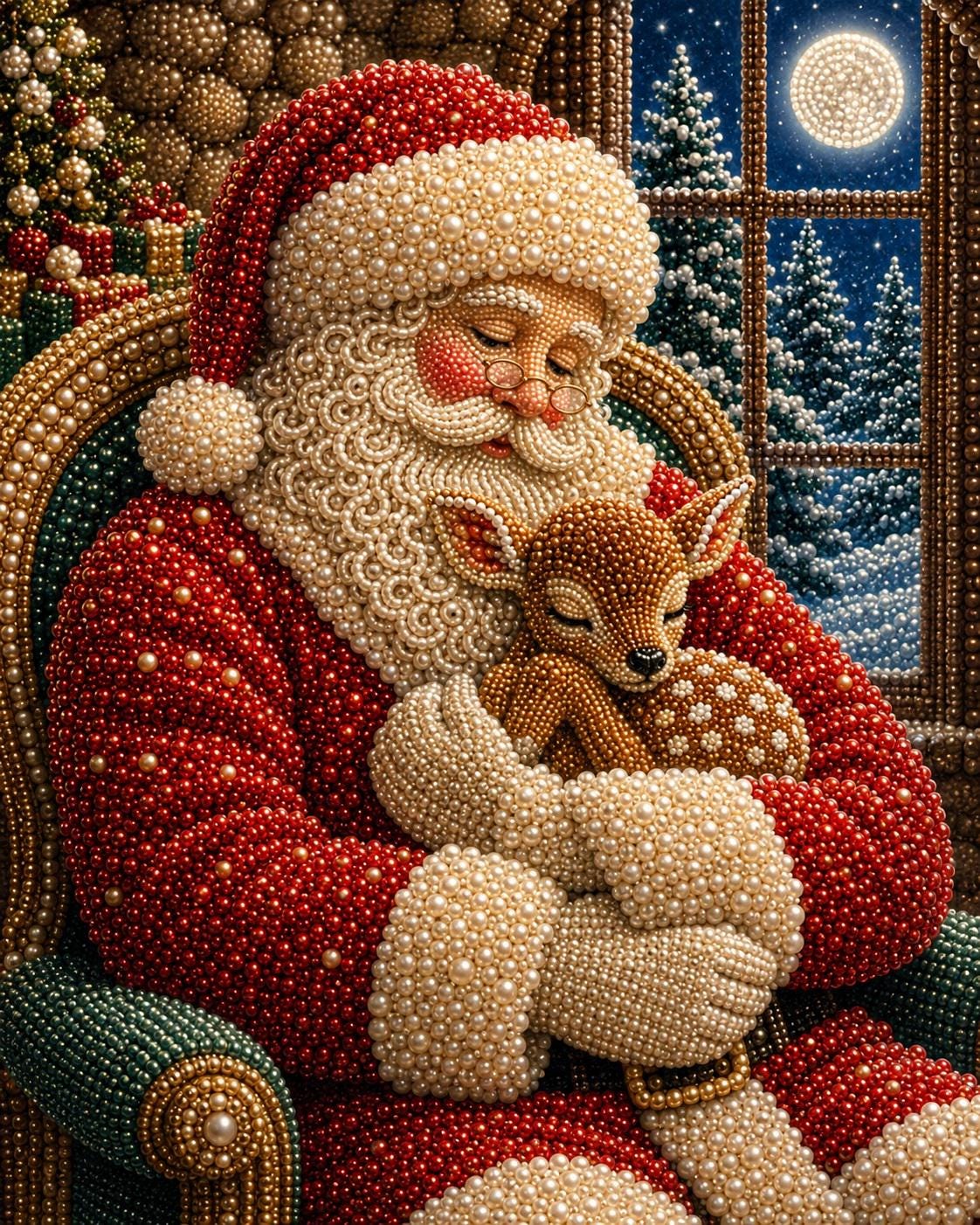 A detailed and intricate bead-based Christmas ornament depicting Santa Claus holding a sleeping deer, set against a snowy night scene with a full moon visible through a window.