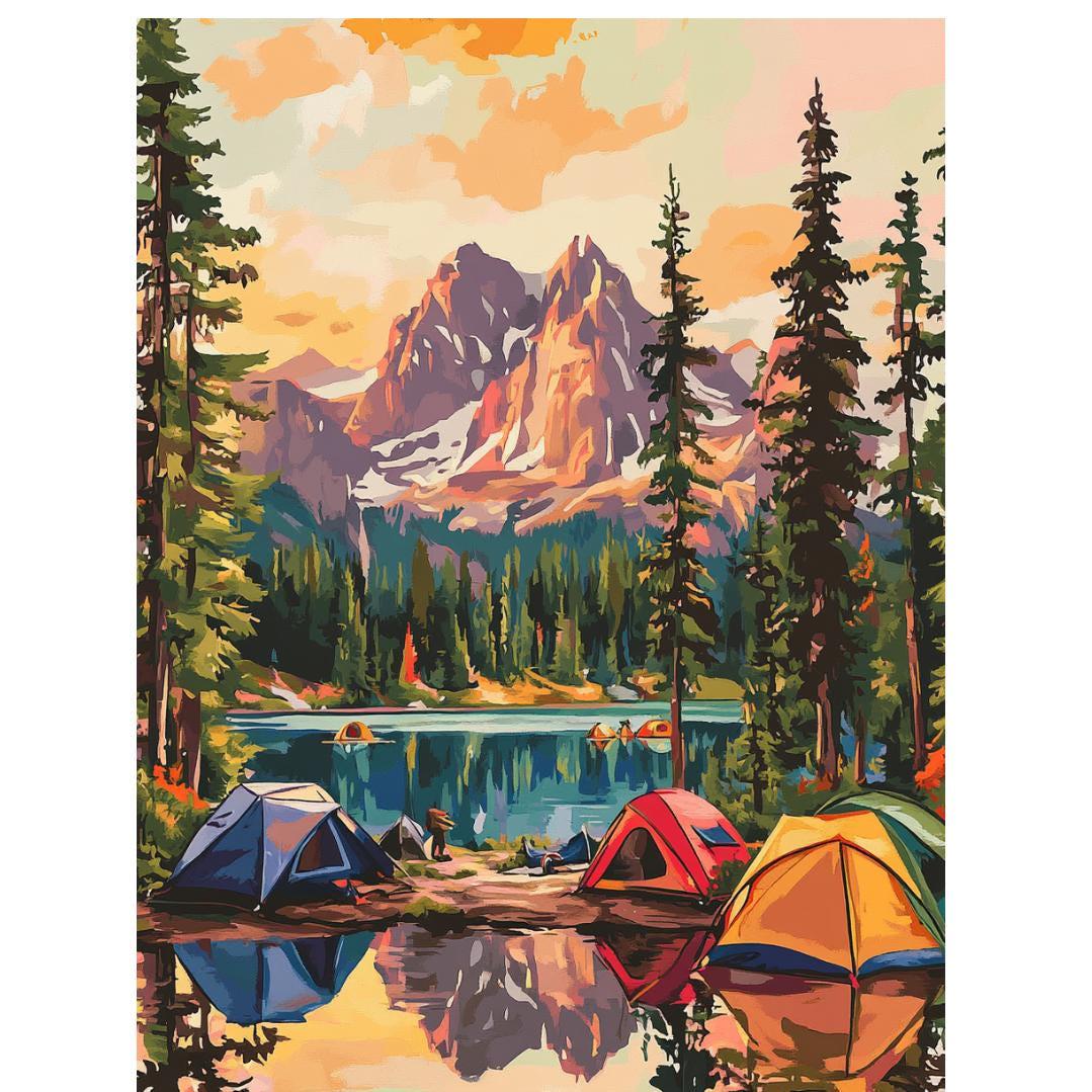 a painting of a mountain lake with tents