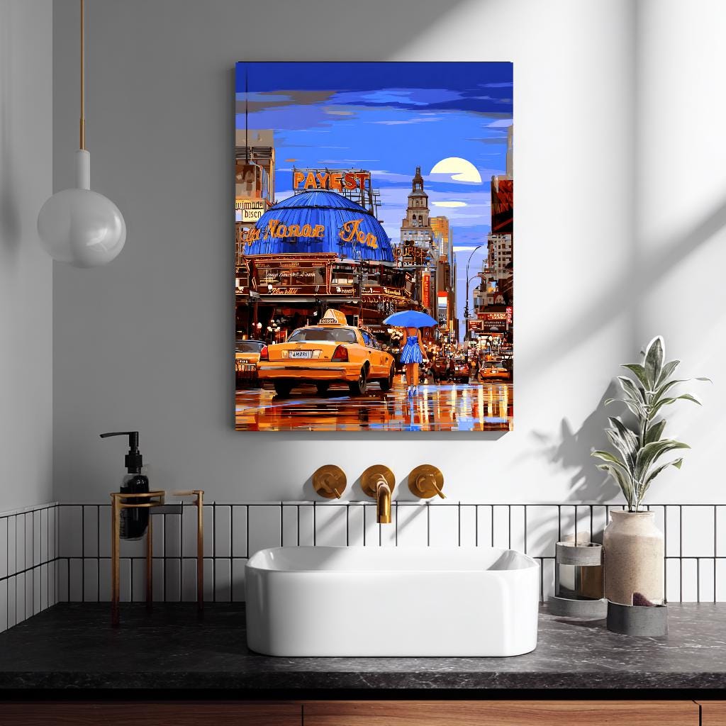 a bathroom with a sink, a potted plant, and a painting of a city street scene with a taxi and a woman holding an umbrella.