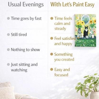 The image is a living room with a couch, a potted plant, and a painting of a cat on a dresser. The painting is titled "With Let's Paint Easy" and is described as a "Painting of a cat on a dresser".