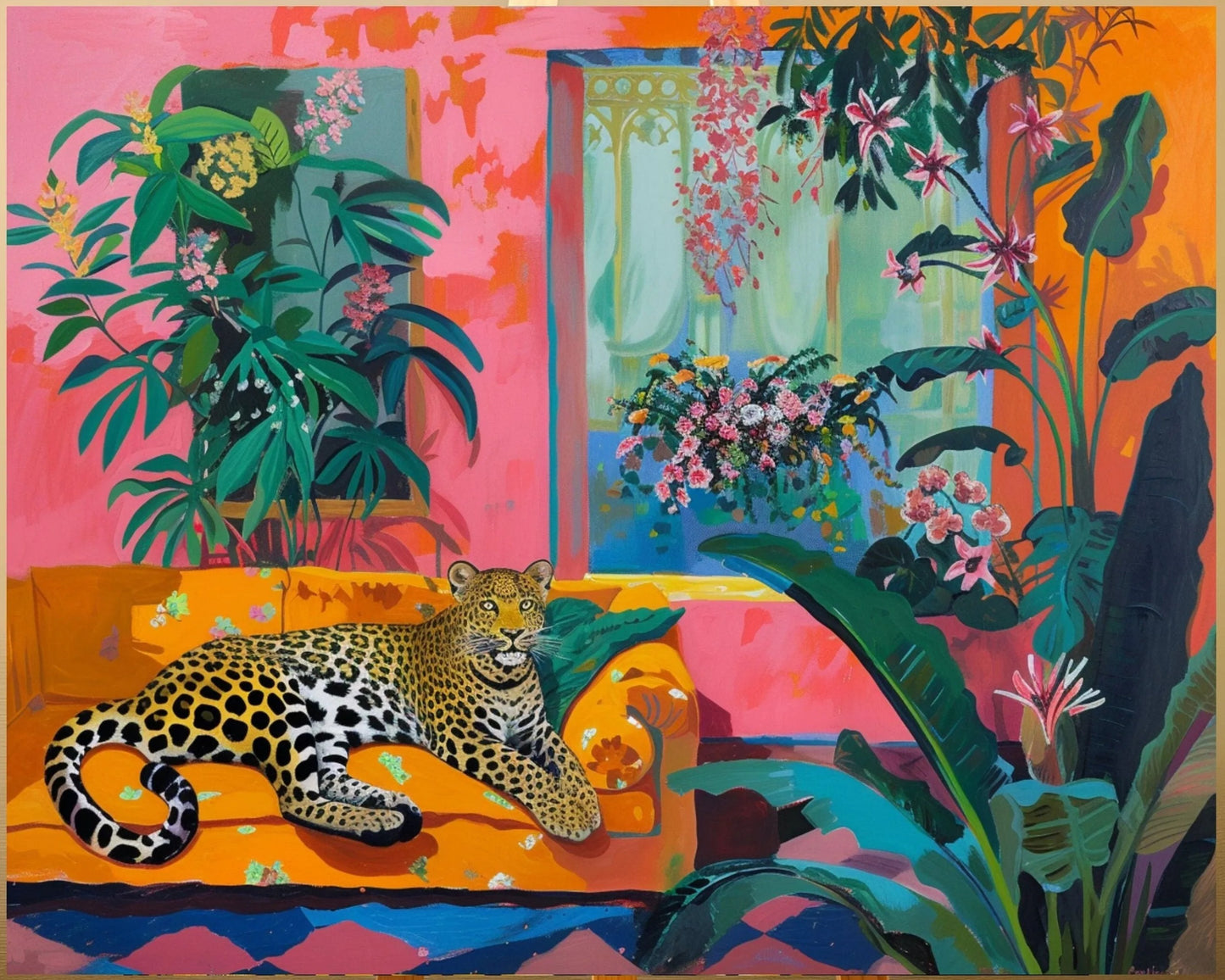 A leopard is depicted lounging on an orange couch in a vibrant, tropical-themed room, surrounded by lush greenery and colorful flowers.
