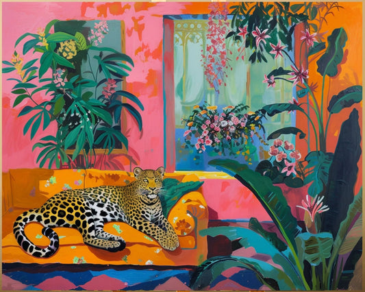 A leopard is depicted lounging on an orange couch in a vibrant, tropical-themed room, surrounded by lush greenery and colorful flowers.