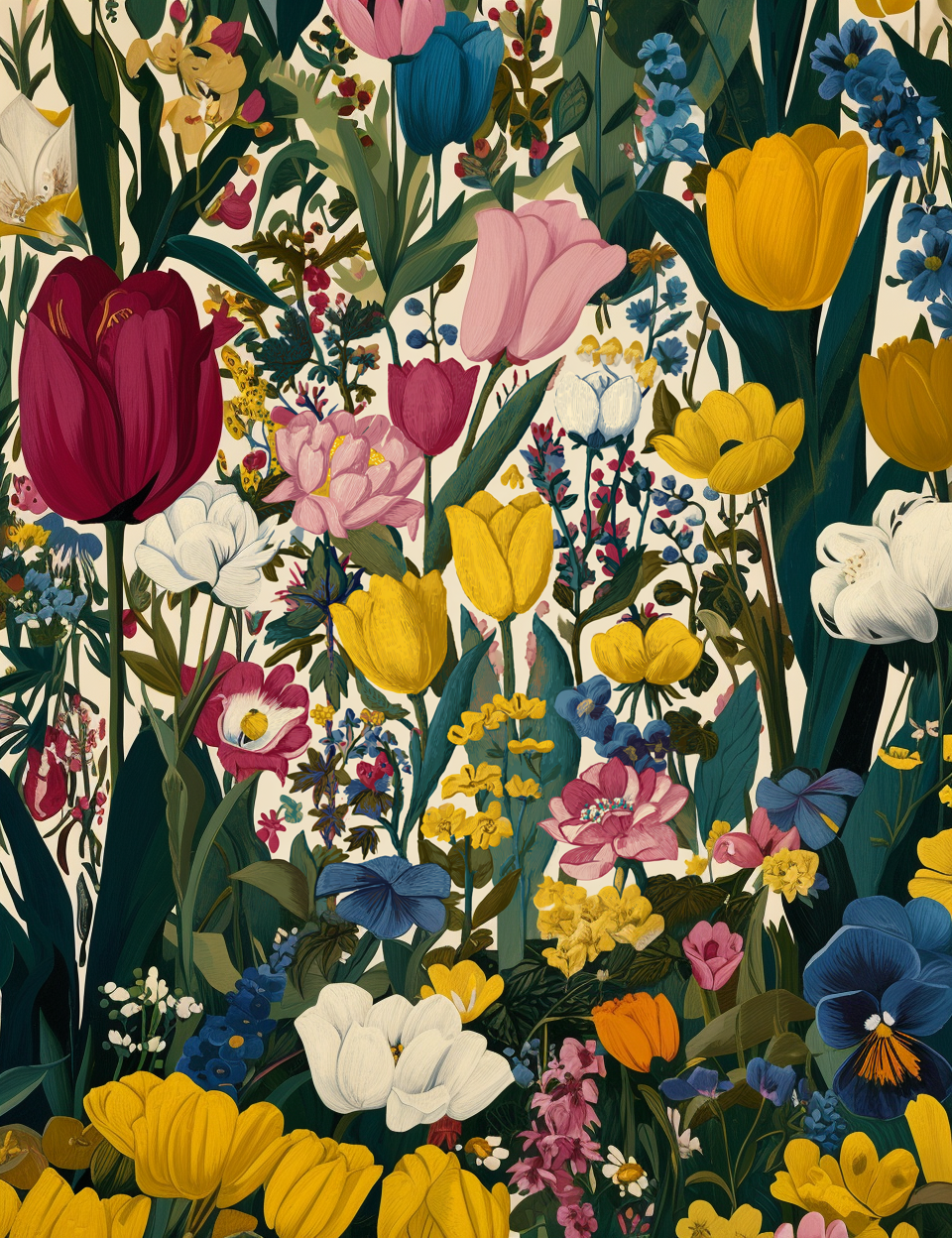 The image is a vibrant and colorful collage of various flowers, including tulips, daisies, and other blooms in shades of pink, yellow, blue, and white. The flowers are arranged in a lush, natural setting, creating a visually striking and captivating display.