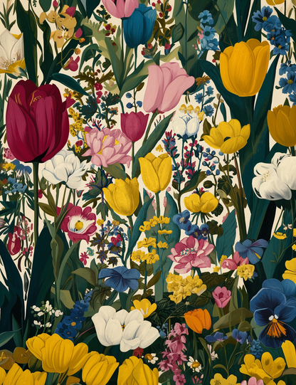 The image is a vibrant and colorful collage of various flowers, including tulips, daisies, and other blooms in shades of pink, yellow, blue, and white. The flowers are arranged in a lush, natural setting, creating a visually striking and captivating display.
