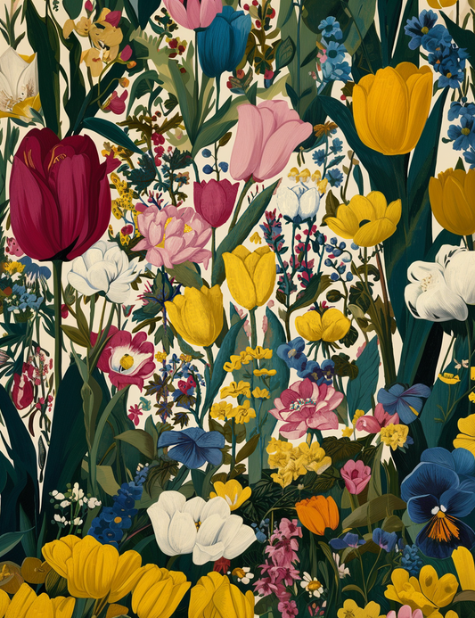 The image is a vibrant and colorful collage of various flowers, including tulips, daisies, and other blooms in shades of pink, yellow, blue, and white. The flowers are arranged in a lush, natural setting, creating a visually striking and captivating display.