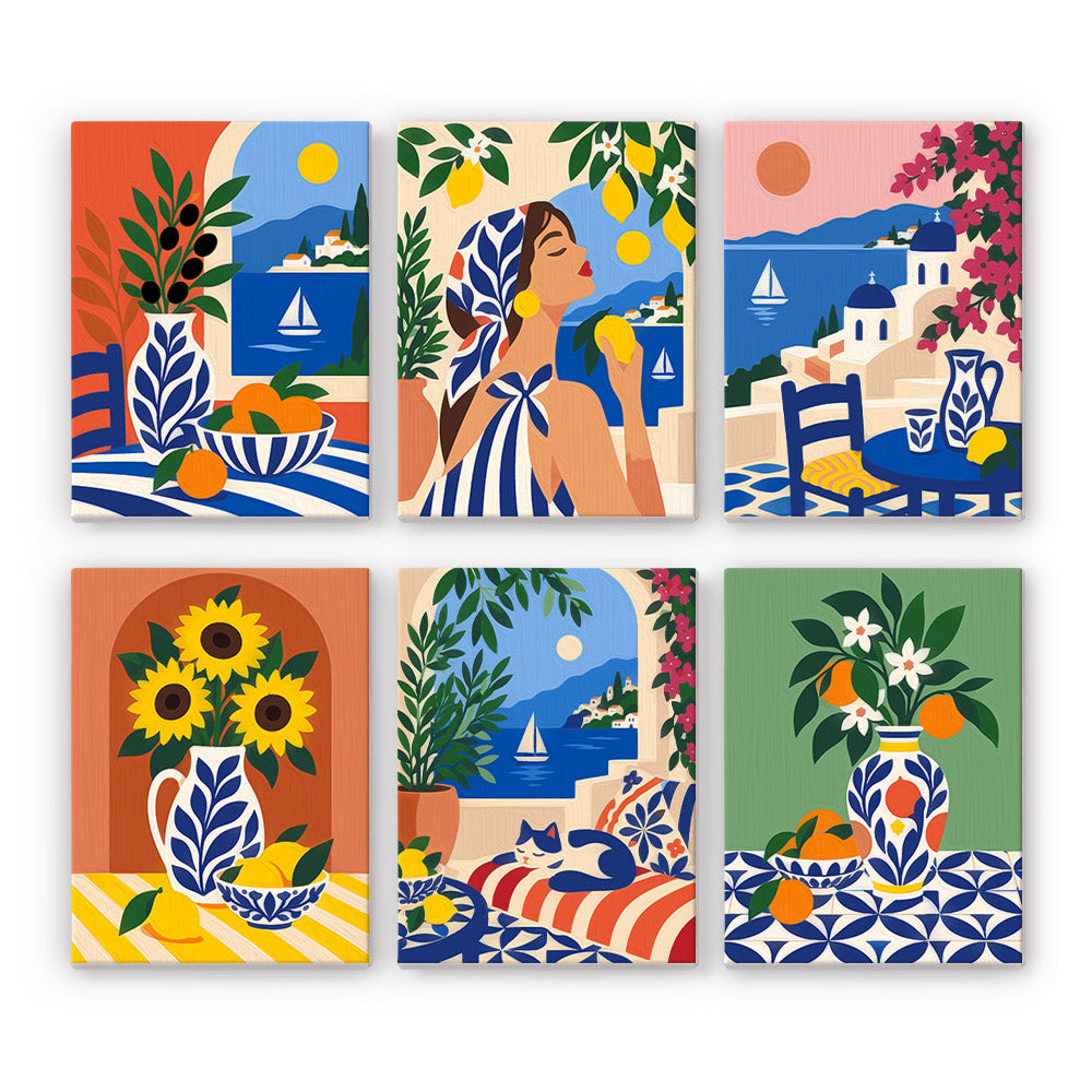 The image is a collage of six colorful and stylized illustrations, each depicting a different scene with various objects and elements. The illustrations include a woman with a headscarf, a vase of flowers, a bowl of fruit, a table with a vase of flowers, a boat on the water, and a sunset over a landscape.