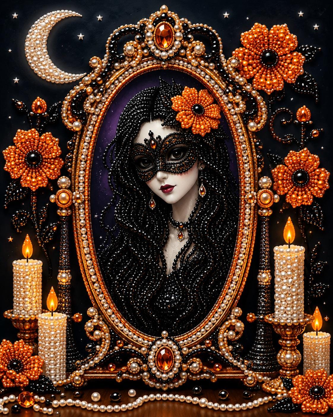 The image is a digital illustration featuring a woman wearing a black mask and surrounded by an ornate frame with pearls, flowers, and candles.