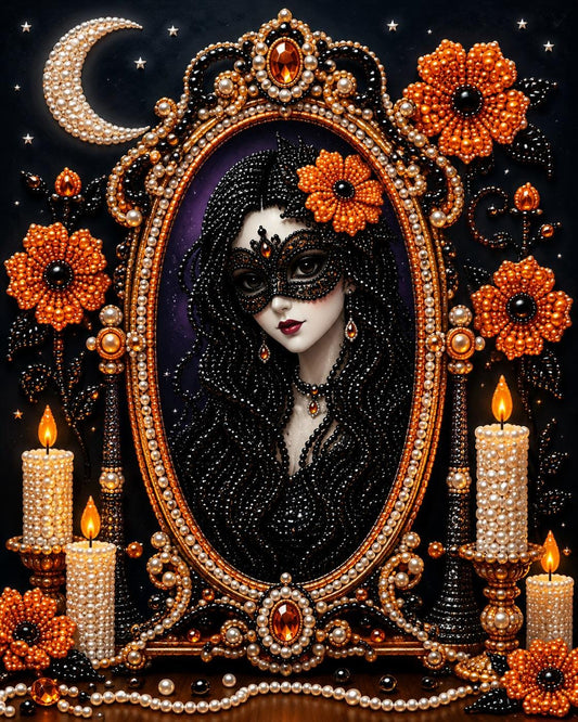 The image is a digital illustration featuring a woman wearing a black mask and surrounded by an ornate frame with pearls, flowers, and candles.