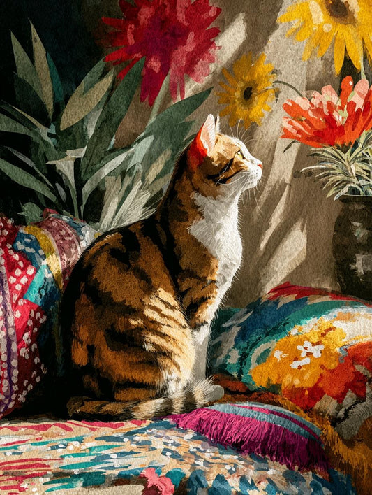 a cat sitting on a couch next to a vase of flowers