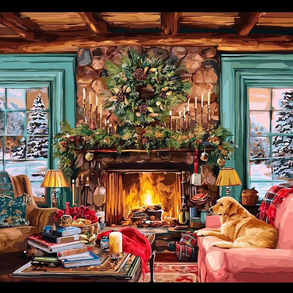 A cozy living room with a fireplace, a dog resting on a couch, and a wreath decorating the fireplace. The room has a rustic, cabin-like atmosphere with wooden beams and a stone fireplace.