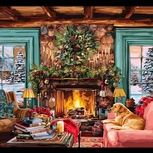A cozy living room with a fireplace, a dog resting on a couch, and a wreath decorating the fireplace. The room has a rustic, cabin-like atmosphere with wooden beams and a stone fireplace.
