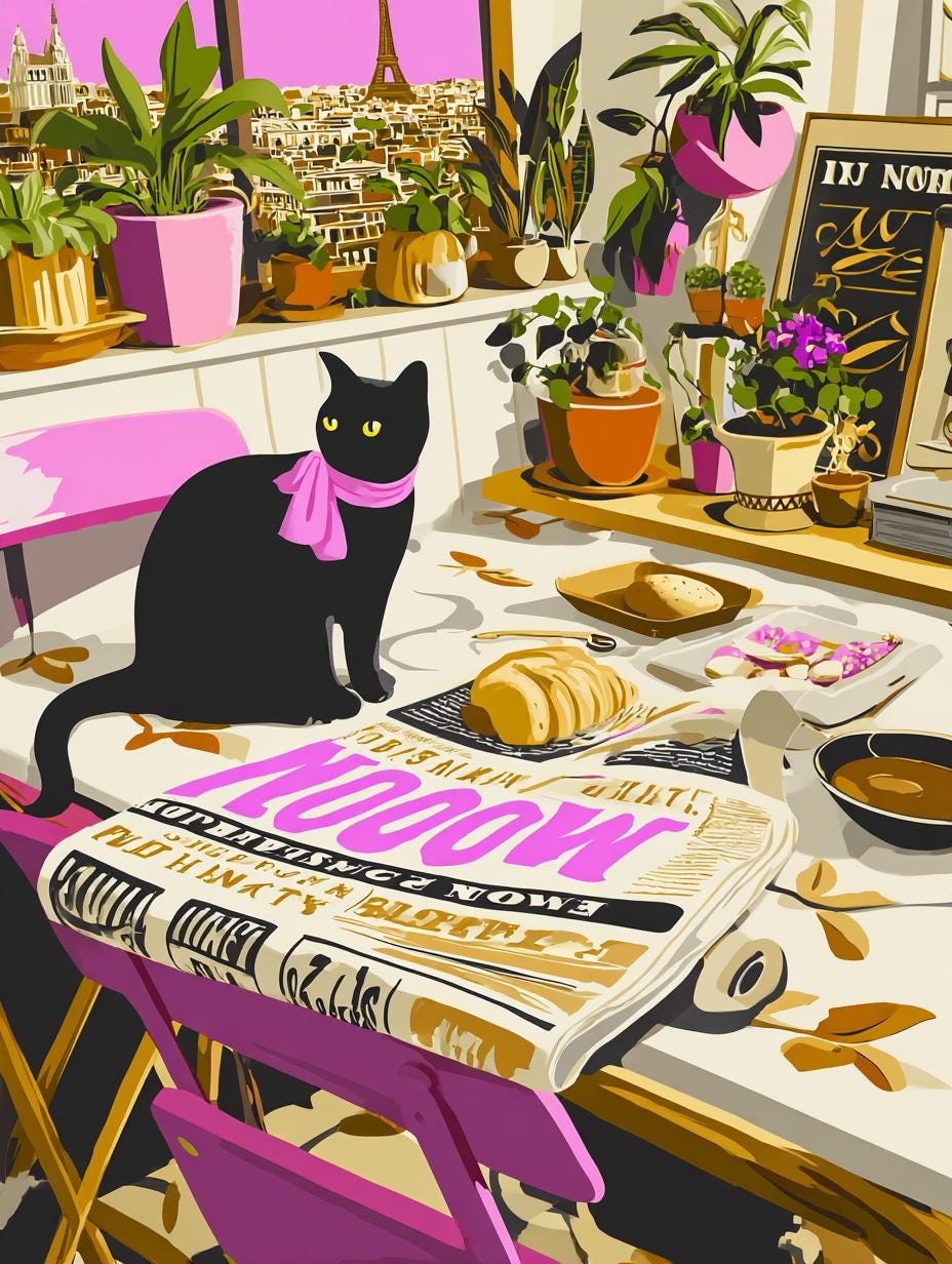 A black cat wearing a pink scarf sits on a table with various objects, including a newspaper, a bowl, and a plate of food.
